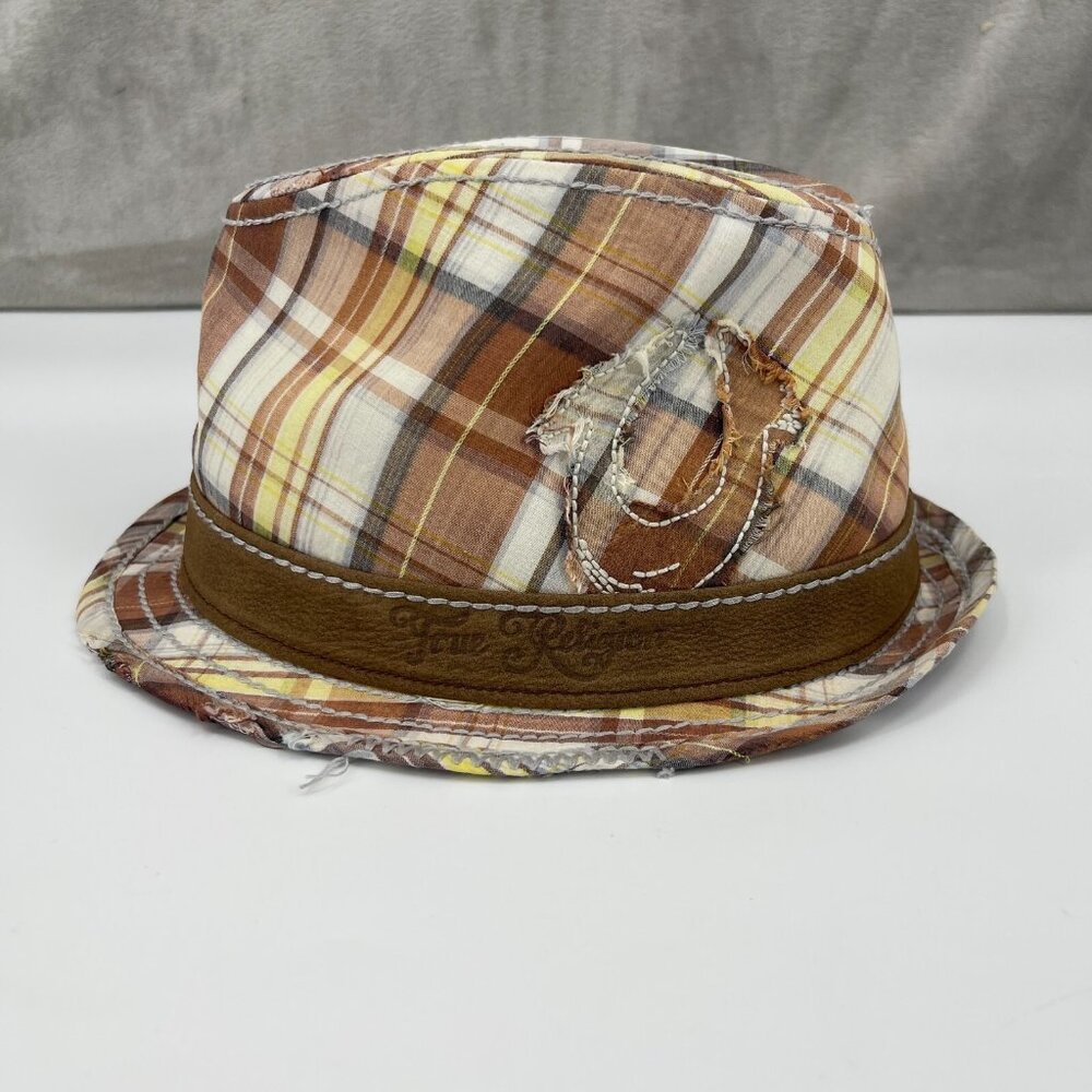 True Religion Size M/L Cotton Fedora Hat Distressed Plaid Brown Tan Summer Retro